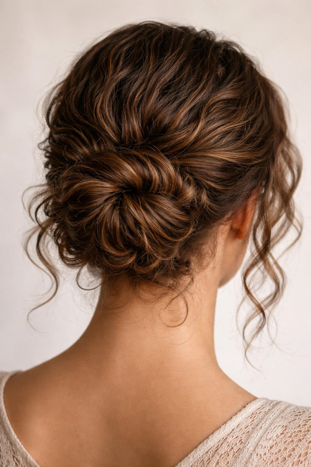 Back view of wrapped low bun at nape with curls