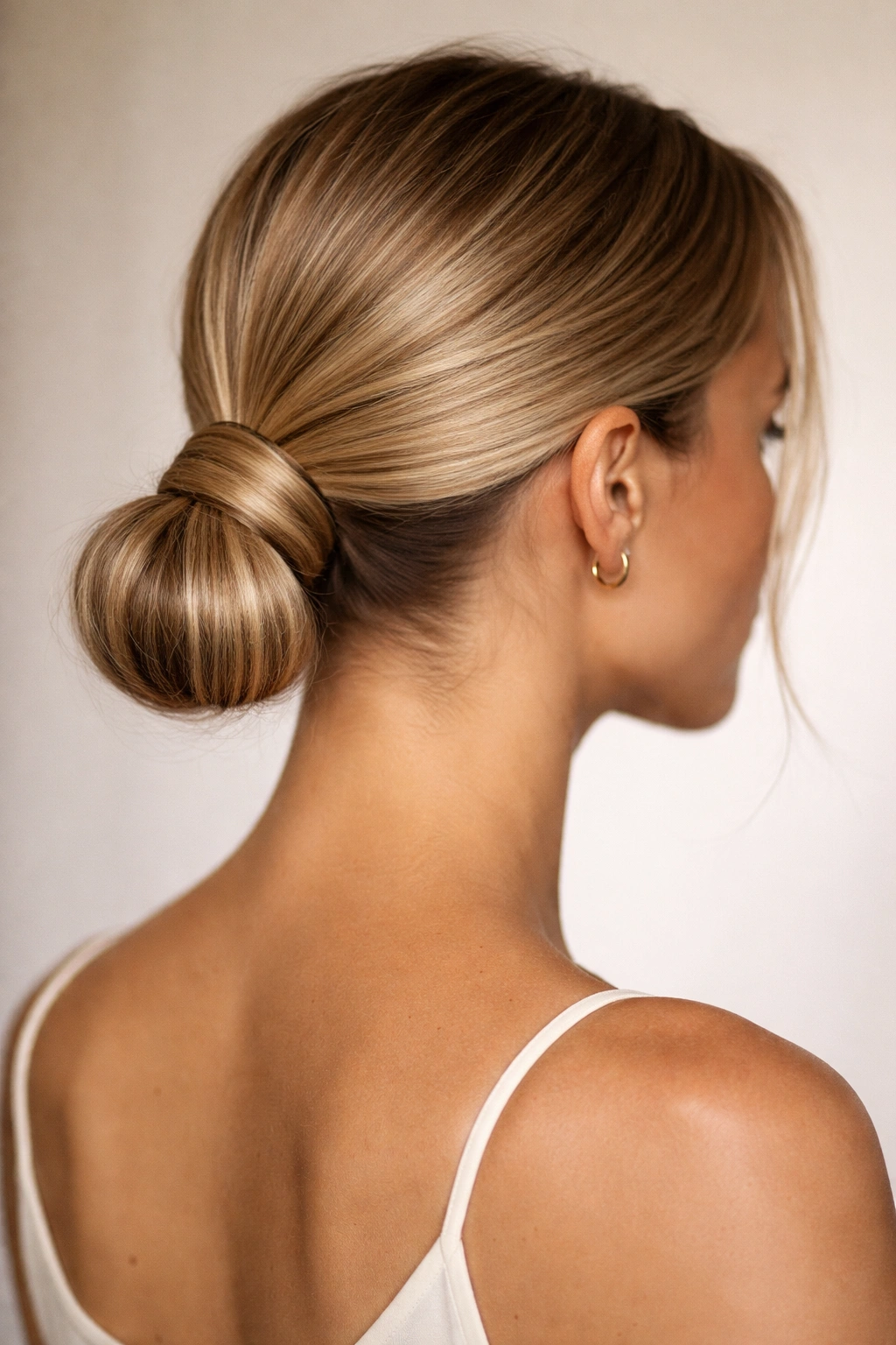 Low ponytail bun with wrap covering the elastic