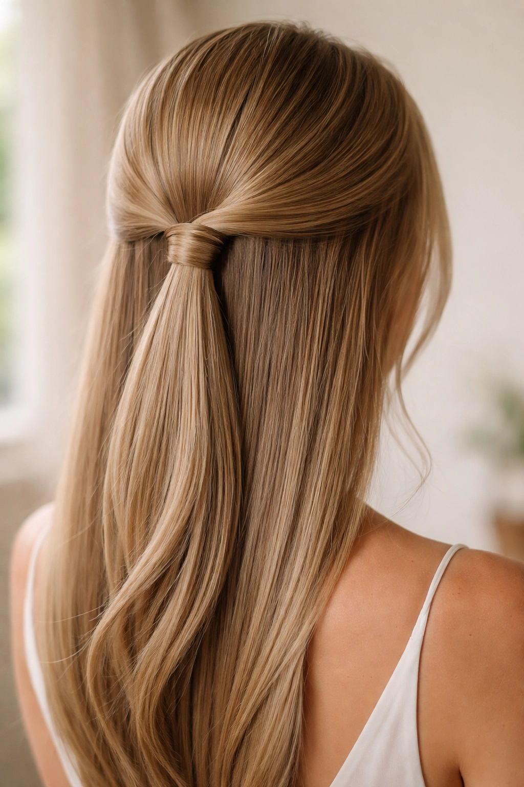 Close-up of The Wrapped and Pinned Style showing a wrapped strand around the crown base on straight hair