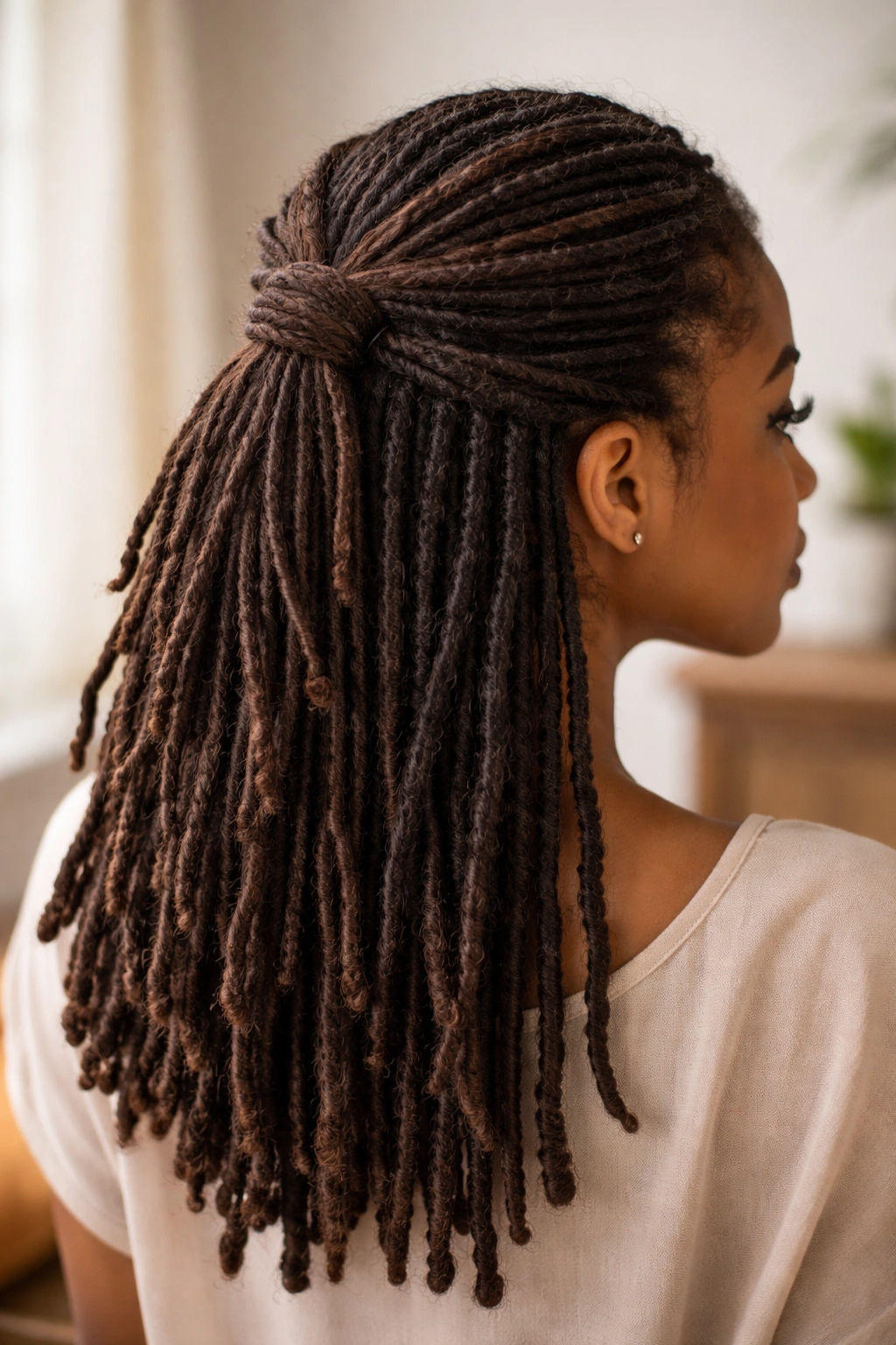 Close-up of wrapped and pinned half-up hairstyle on medium locs