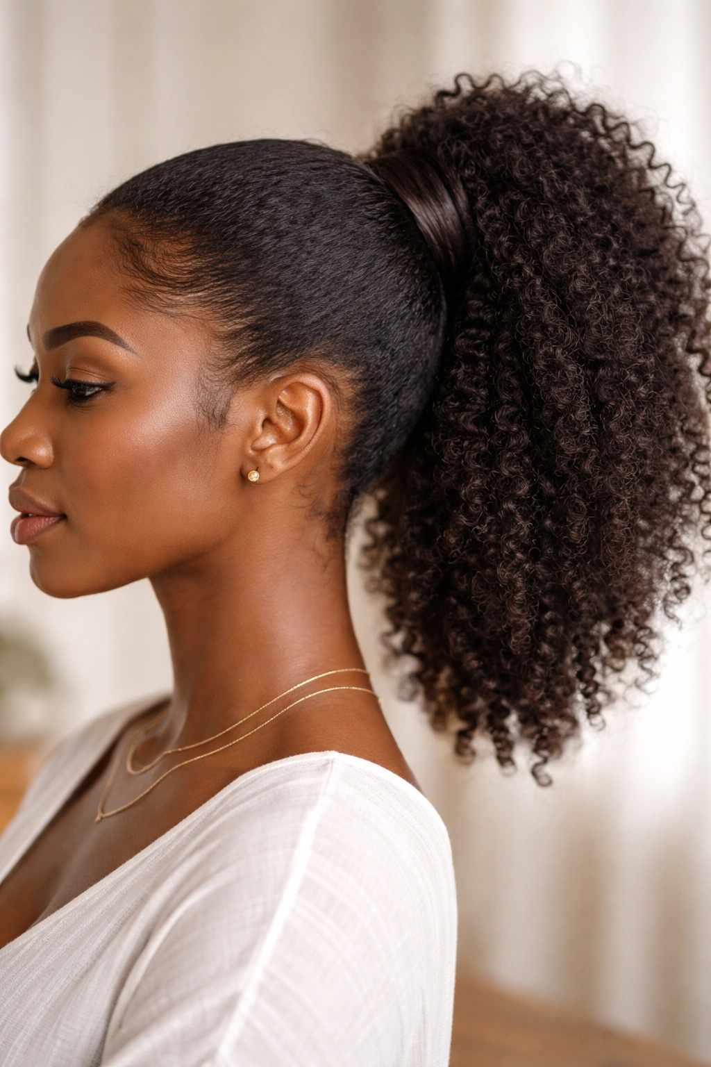 Close-up of a wrapped ponytail showing the spiral wrap at the base.