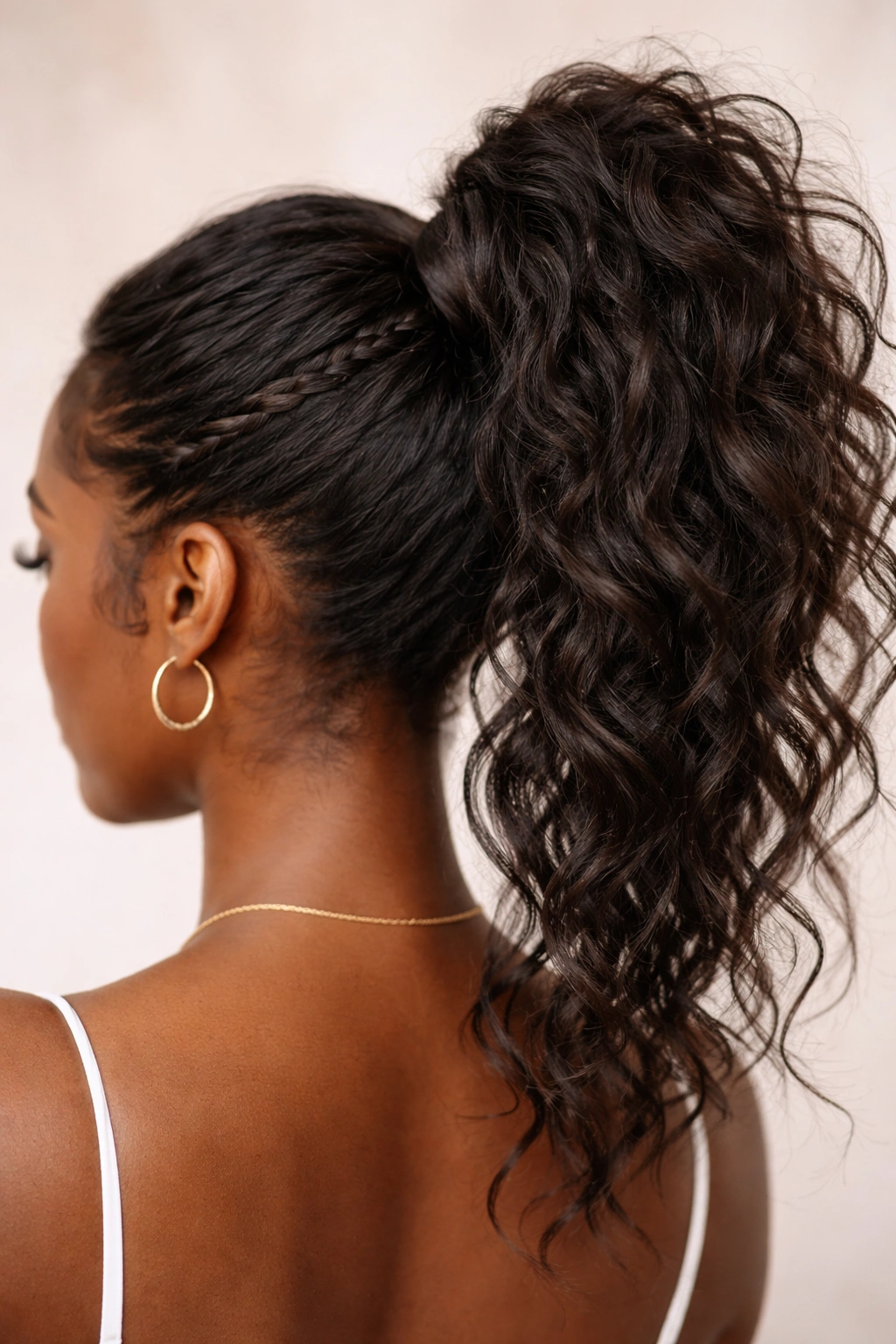 Ponytail with a hair wrap concealing the elastic around the base