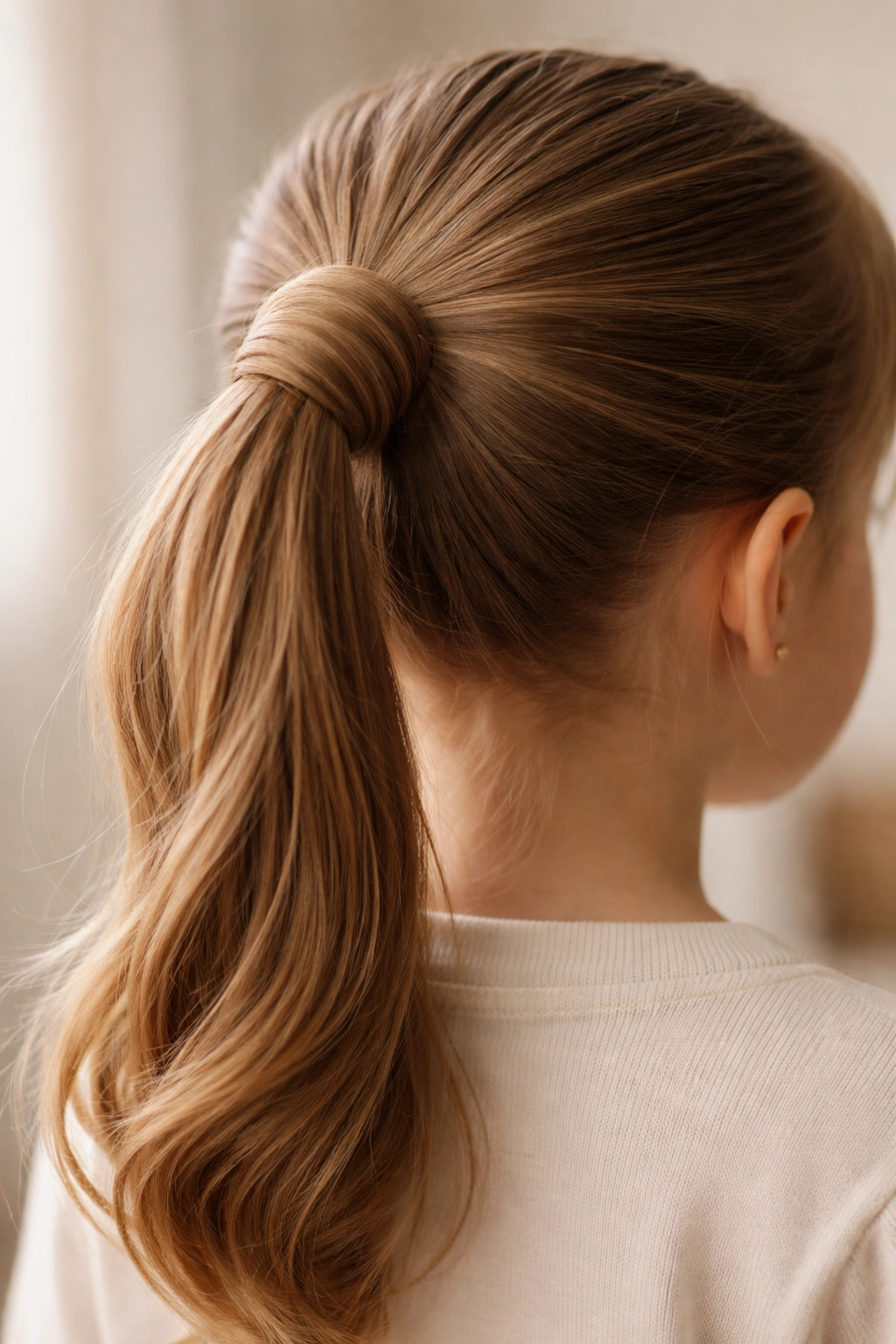 Close-up of a child's ponytail with a thick wrap around the base.