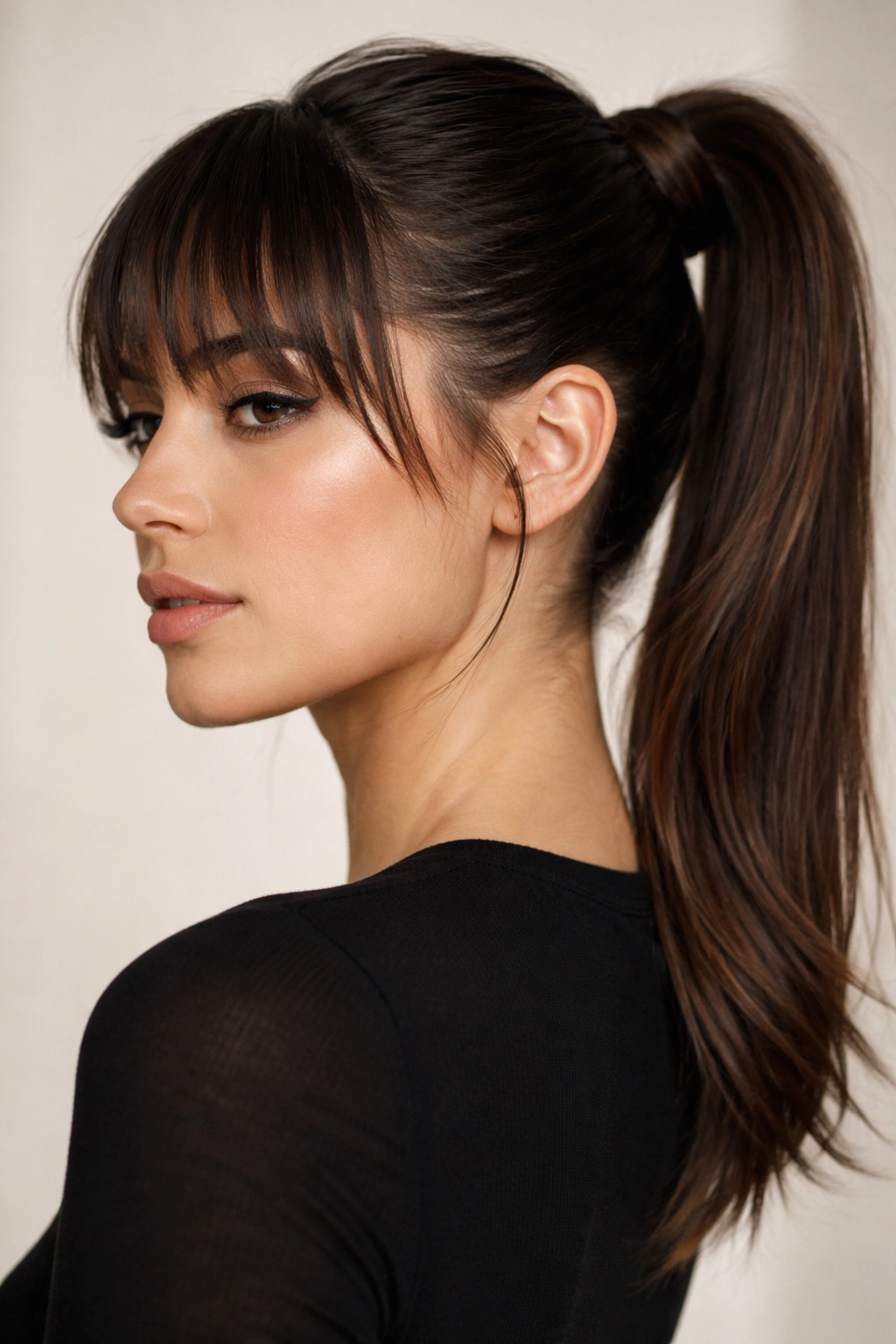 Close-up of a sleek wrapped ponytail with choppy bangs