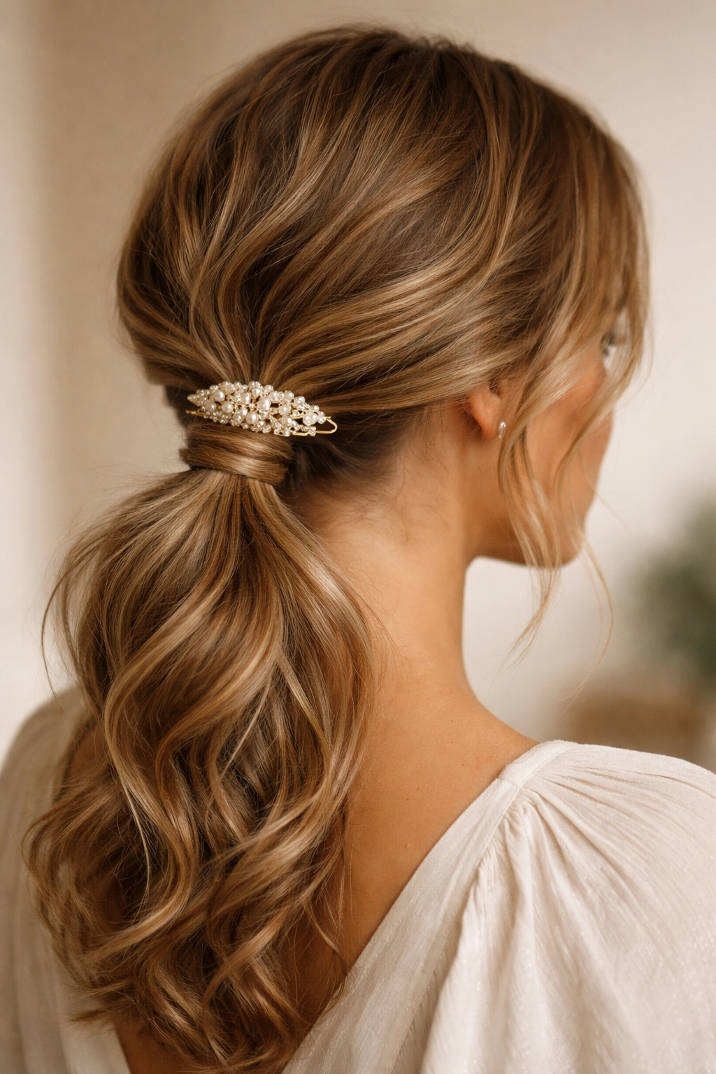 Wrapped low ponytail with decorative clip on wavy hair