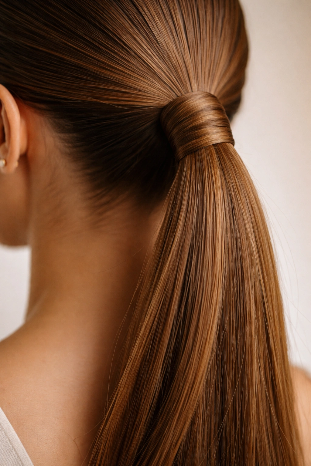 Close-up of wrapped ponytail base concealing the elastic with hair wrap