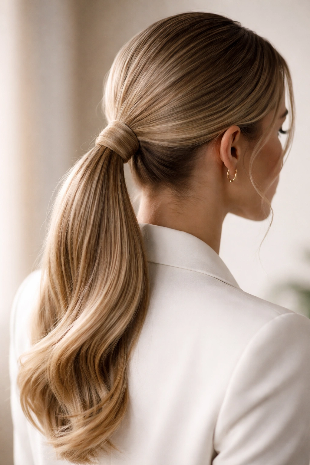 Ponytail with a wrapped strand around the base for a refined look