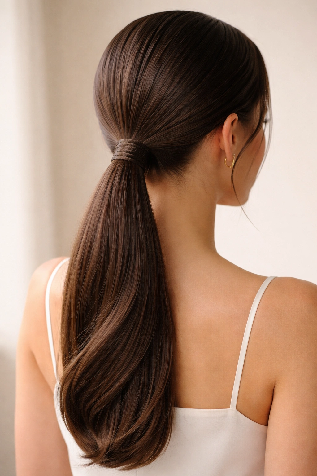 Low wrapped ponytail with hair wrapped around the elastic base