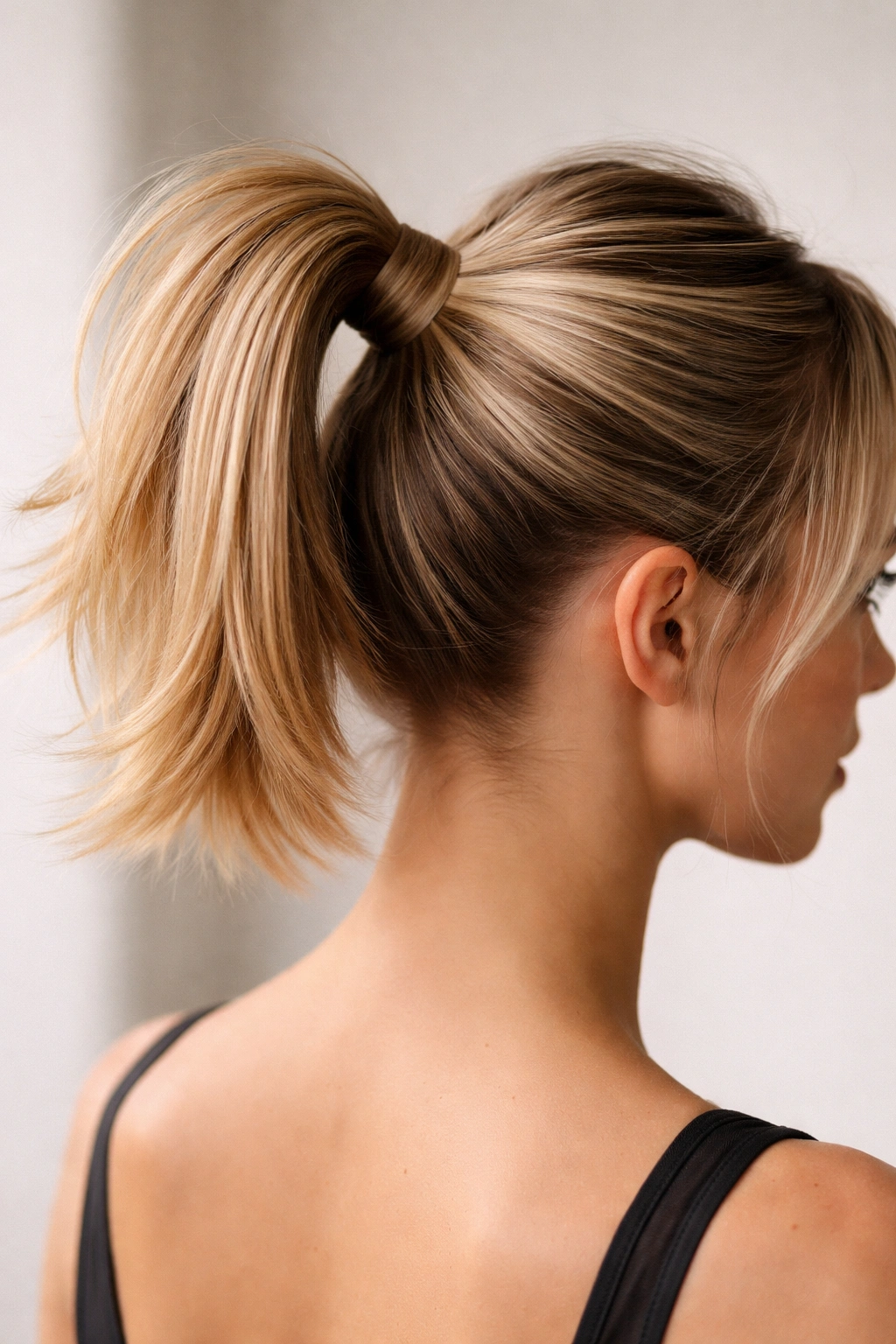 Close-up of a high ponytail with a wrapped strand around the elastic, glossy hair