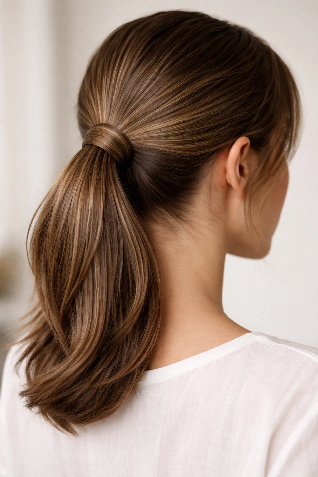 Wrapped ponytail with hair wrap concealing the elastic