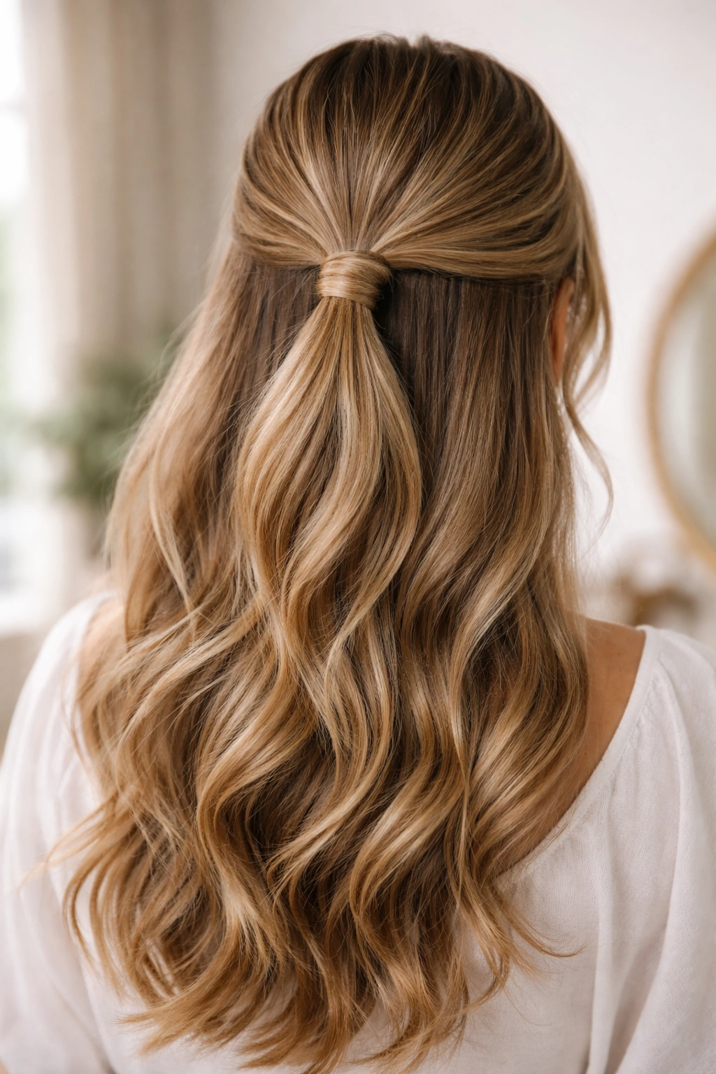 Back view of low ponytail with hair wrapped around the elastic