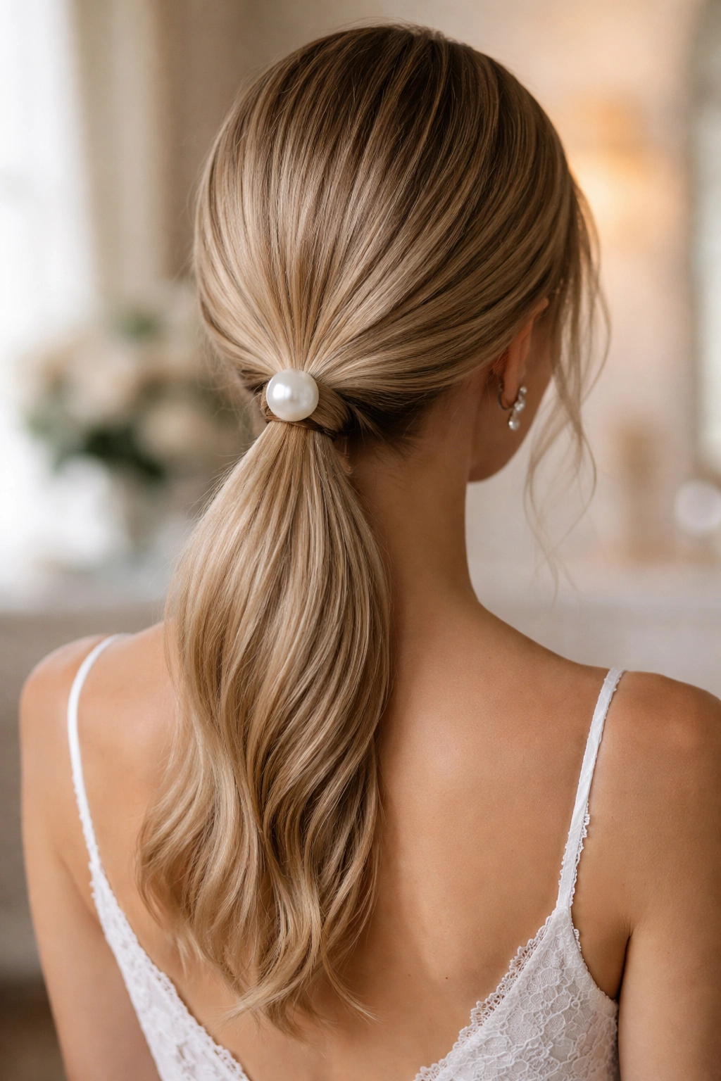 Low ponytail with a single pearl accent at the base