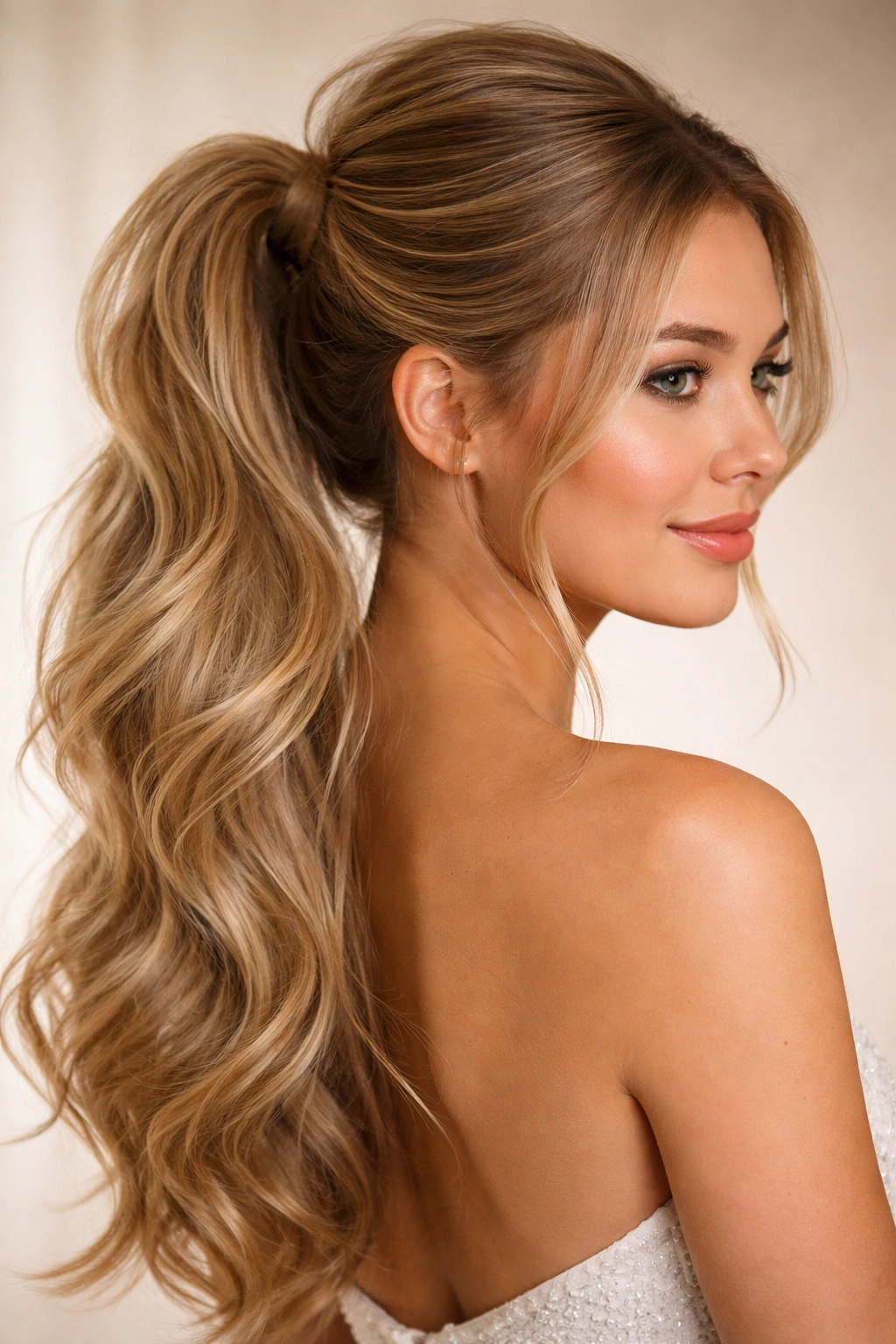 Close-up of wrapped ponytail with textured top and flowing waves