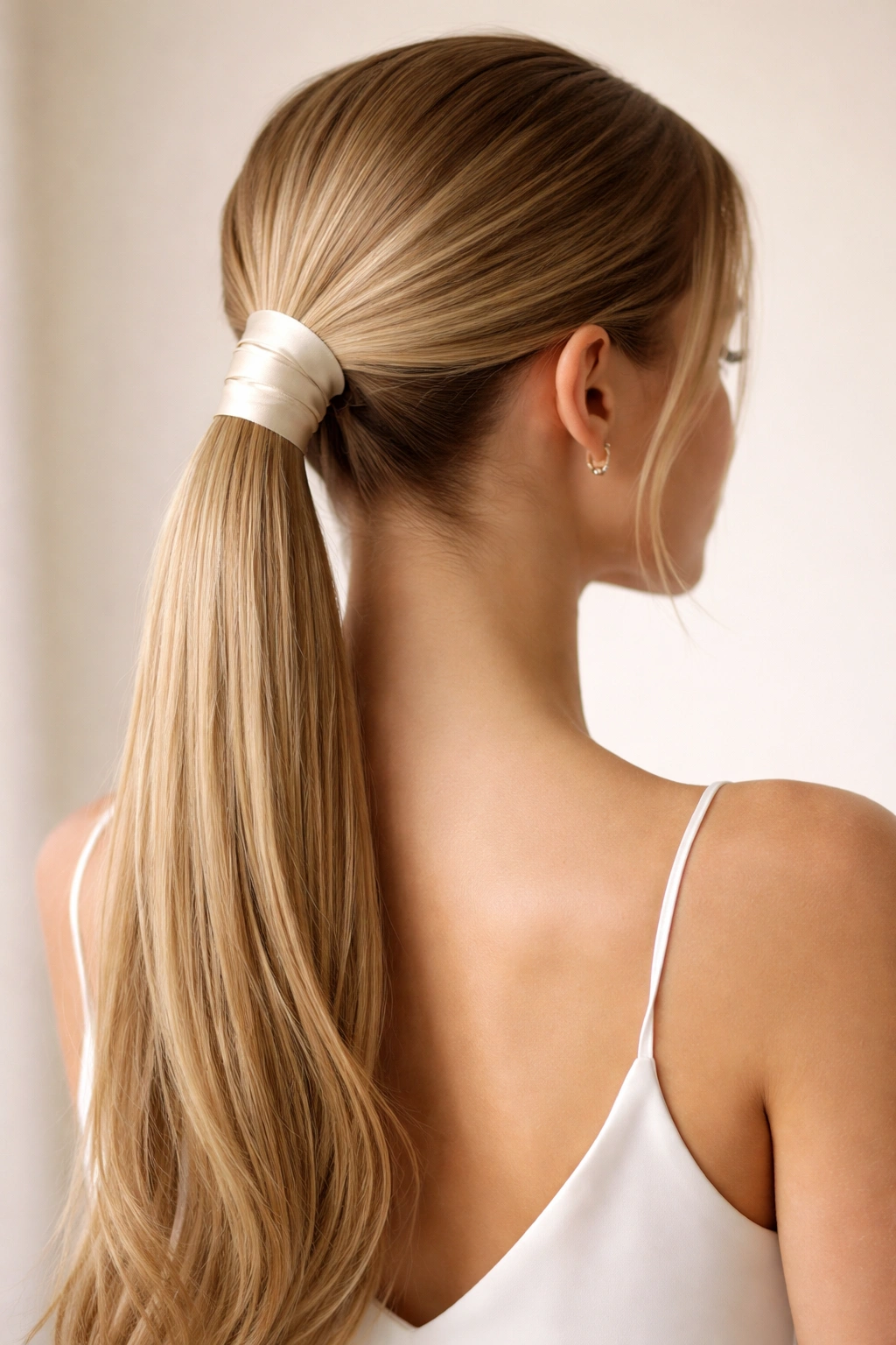 Wrapped ponytail with silk ribbon wrapped around the base