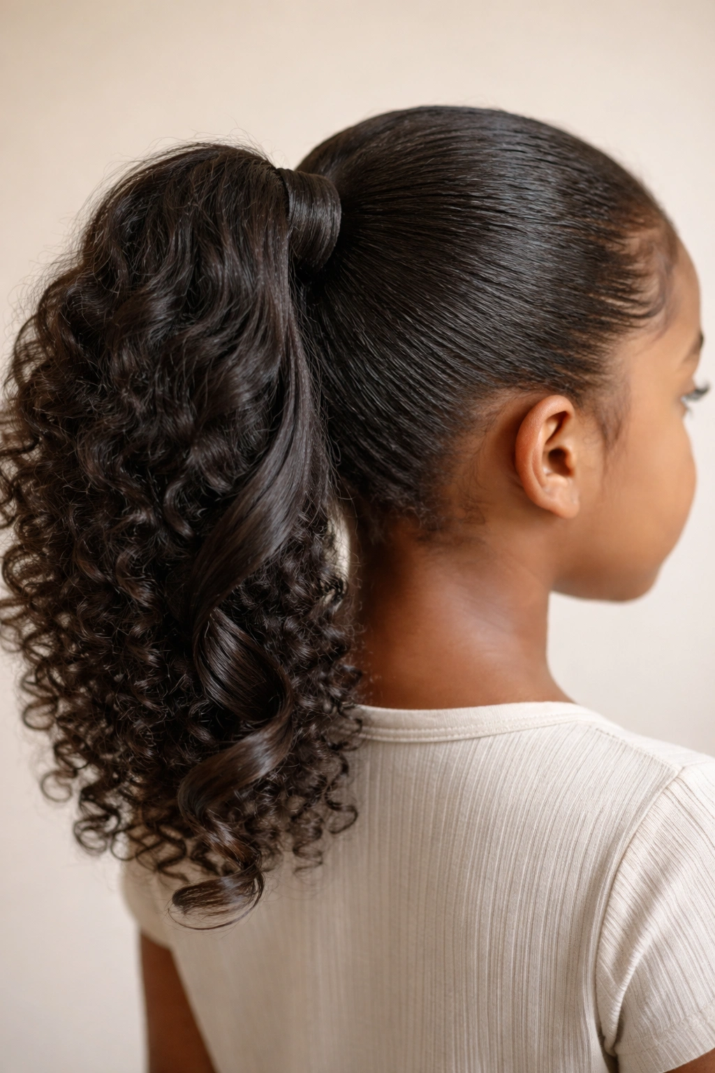 Ponytail base with a strand wrapped around the elastic and a curl visible beneath.