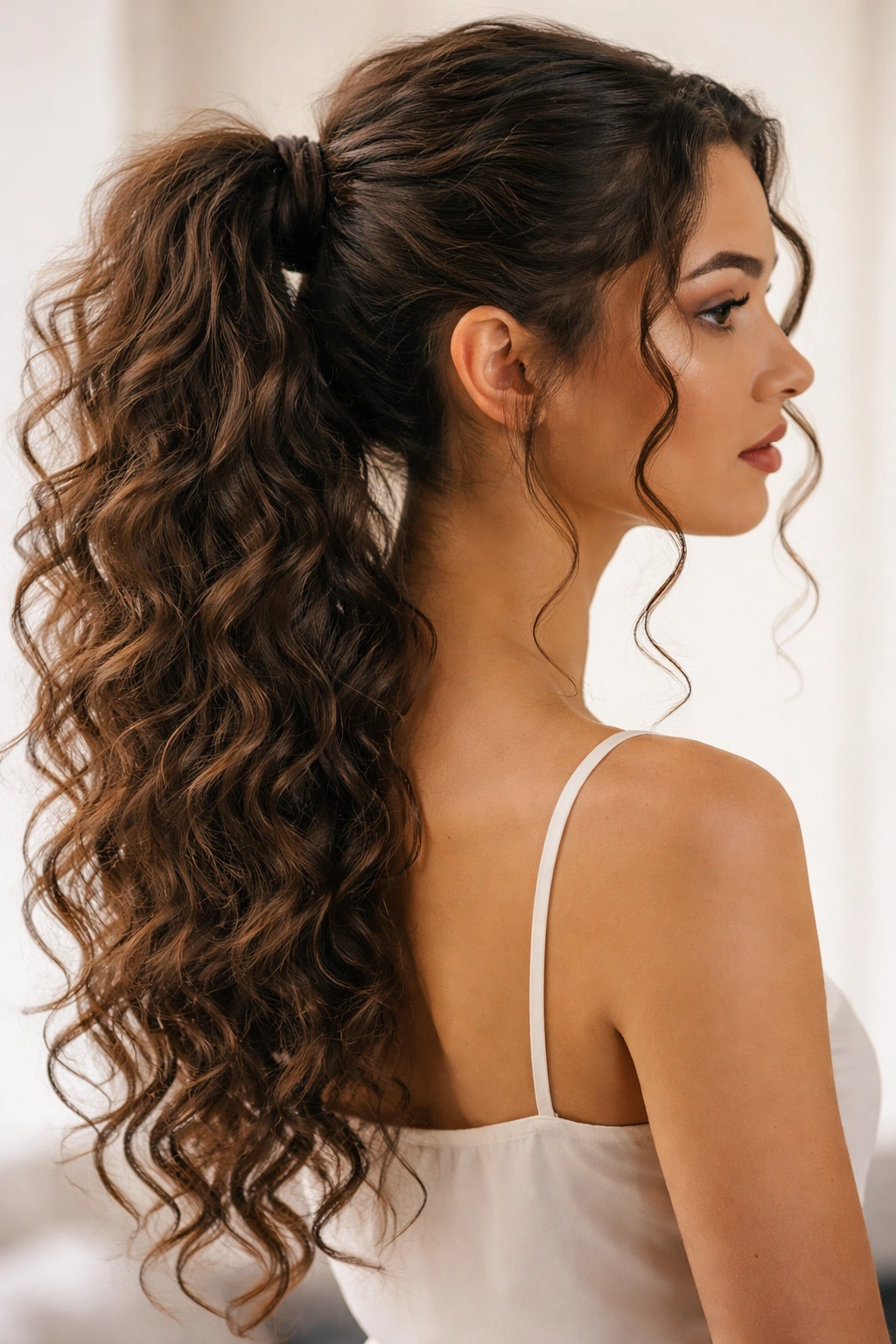 Curly ponytail with a wrapped base and face-framing tendrils
