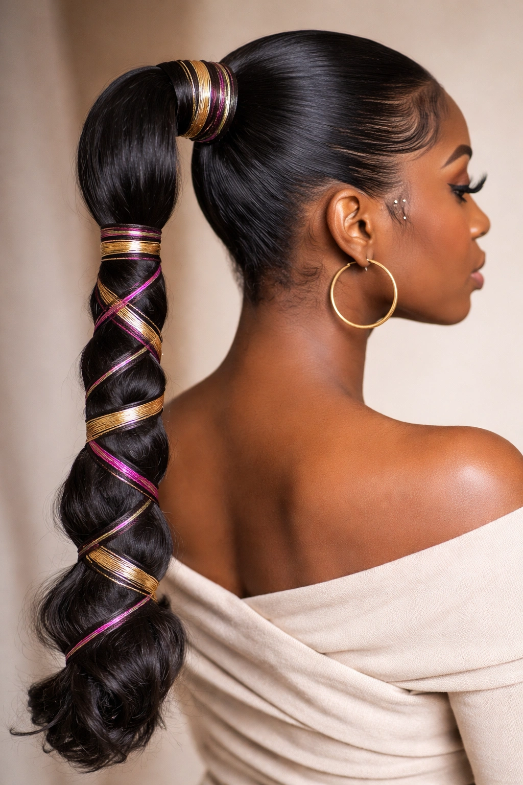 Wrapped and coiled ponytail with thread detail.