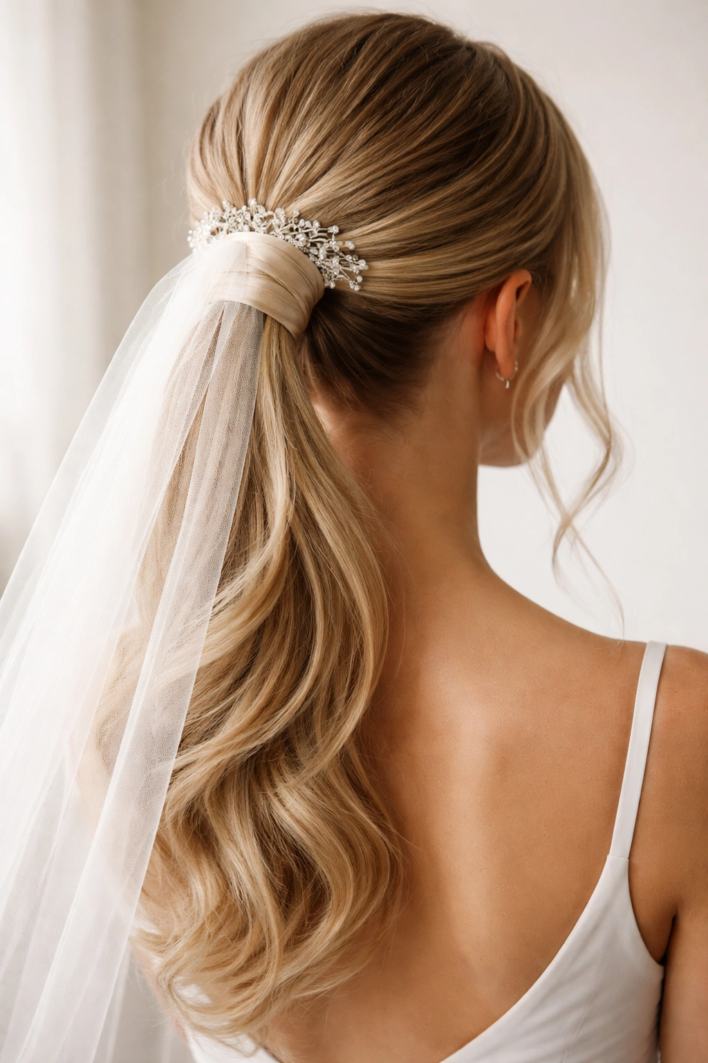 Back view of wrapped ponytail with visible decorative wrap around the base