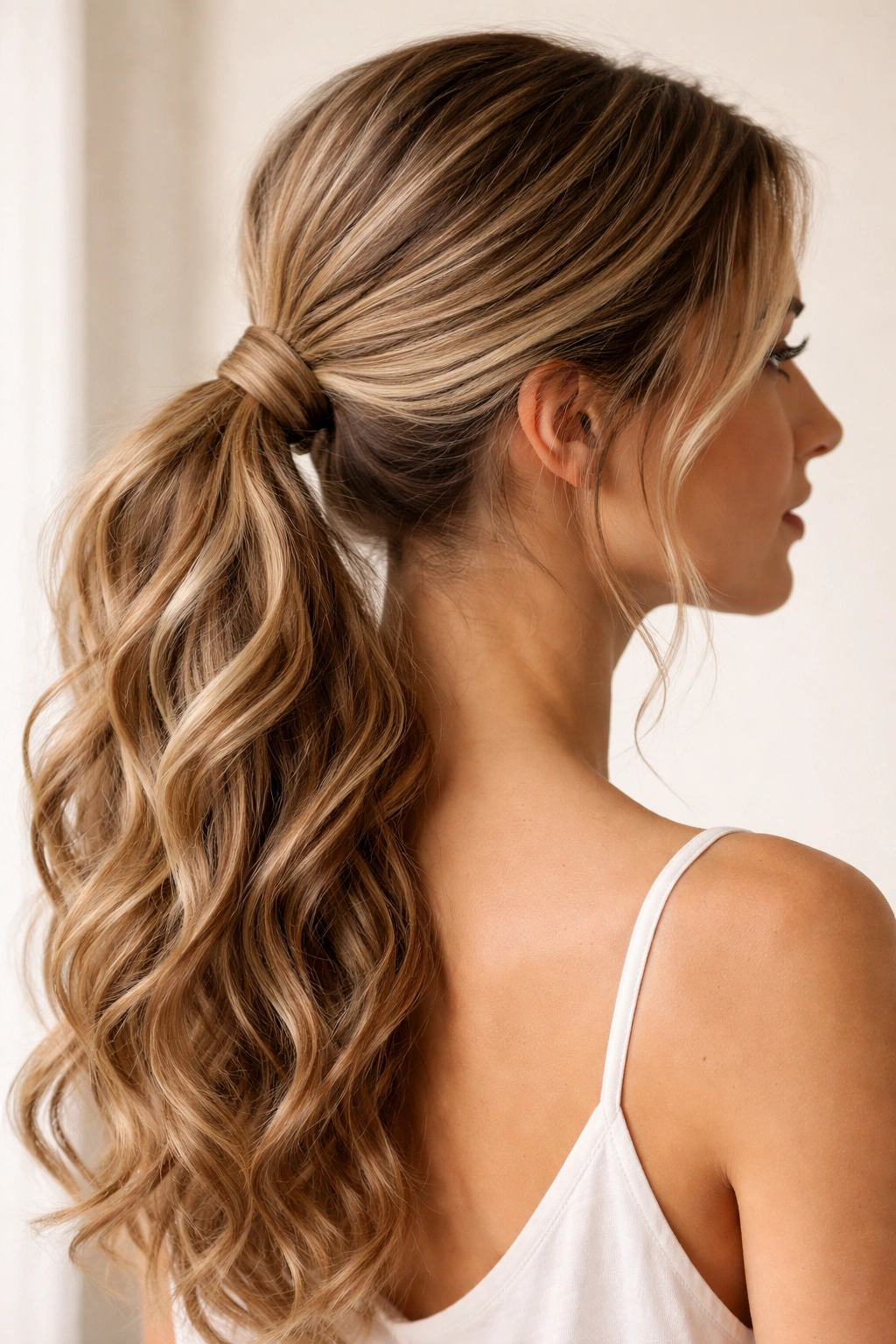 Low wrapped ponytail on wavy hair with wrapped base visible