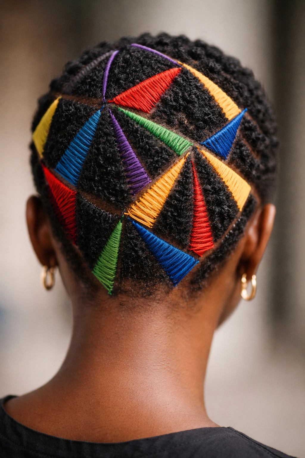 Close-up of wrapped hair sections forming geometric design on short hair