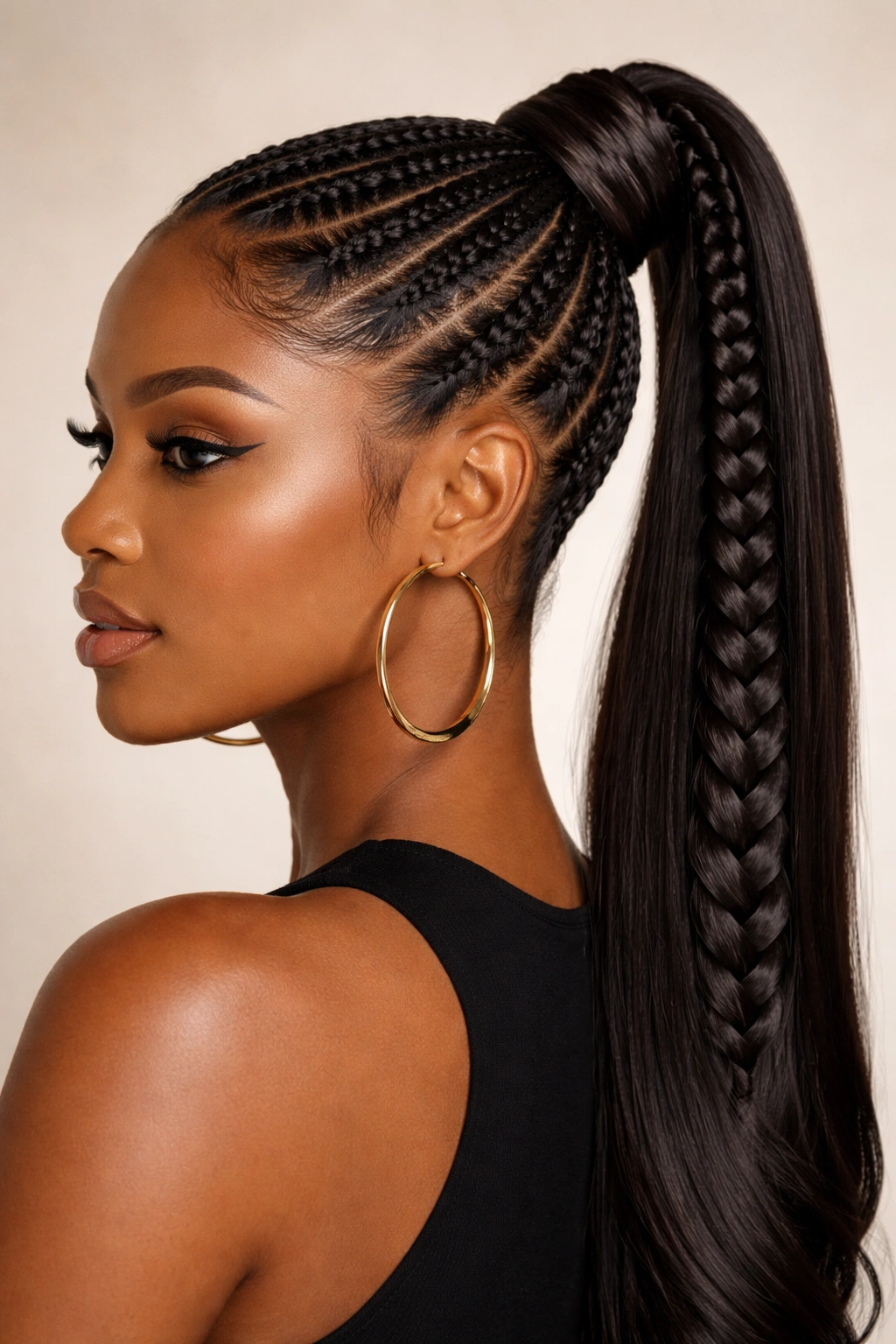 Wrapped stitch braid ponytail showing wrapped bands around the base