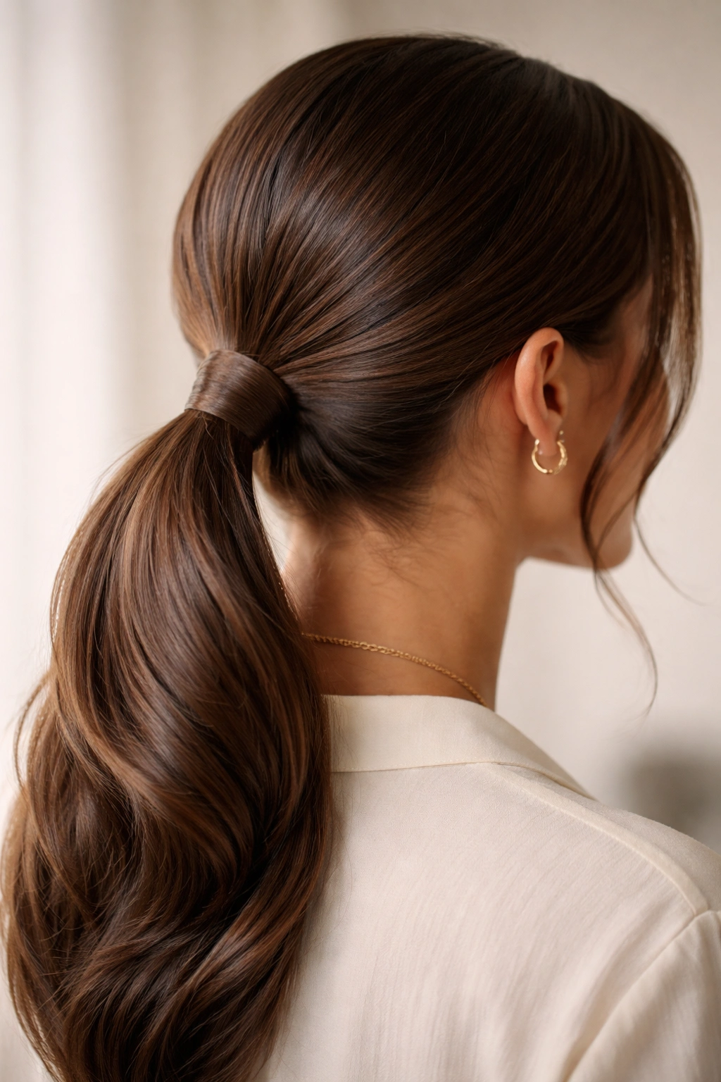 Low swoop with hair wrapped around the ponytail elastic