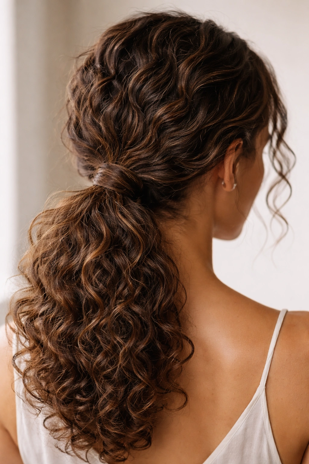 Close-up of a curly low ponytail with a wrapped twist at the nape