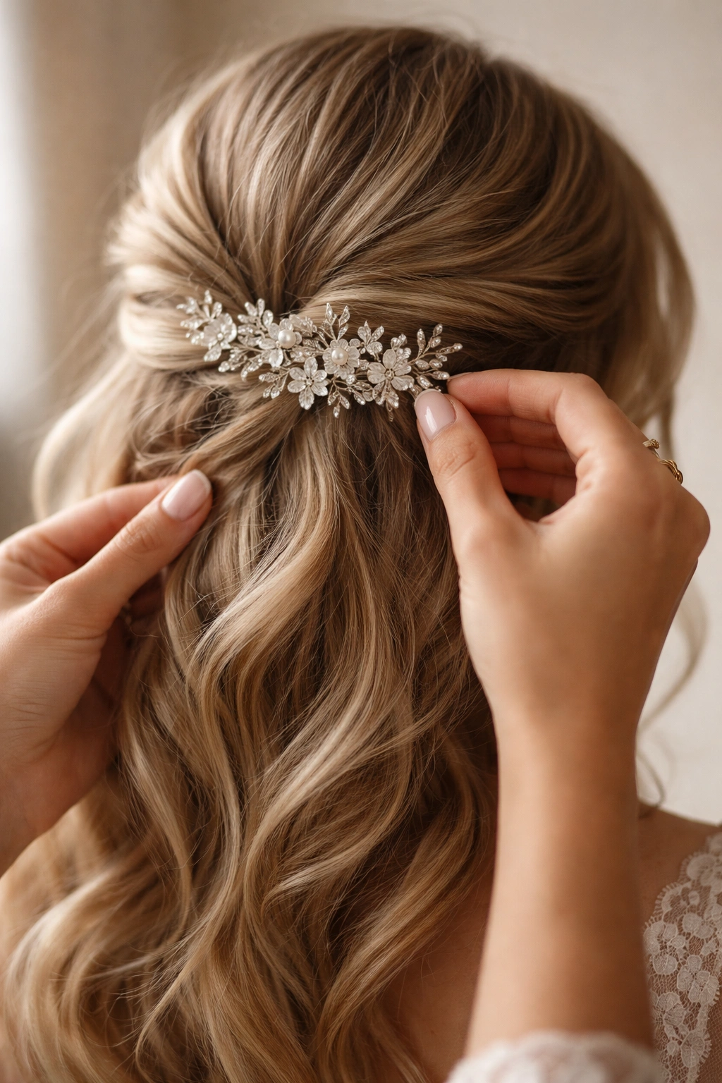 Close-up of hands securing a jeweled hair comb in a half-up wedding hairstyle