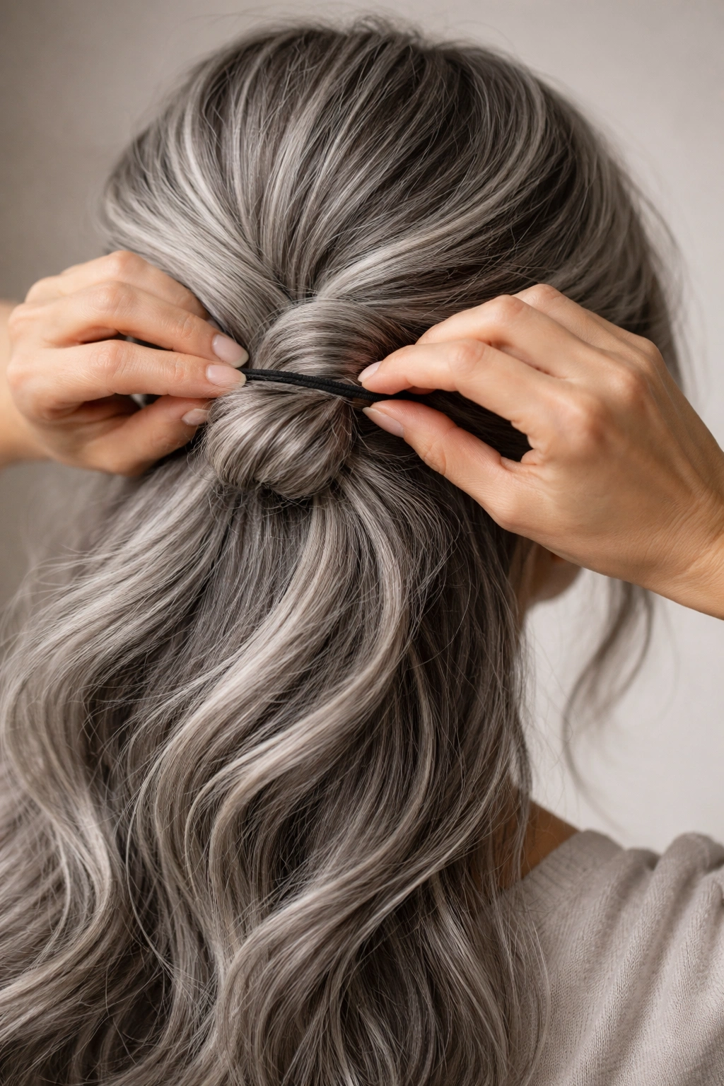 Close-up of hands tying a hair tie to finish a long gray updo.