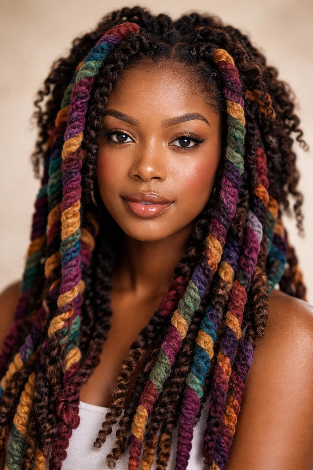 Colorful yarn braids wrapped around coily hair