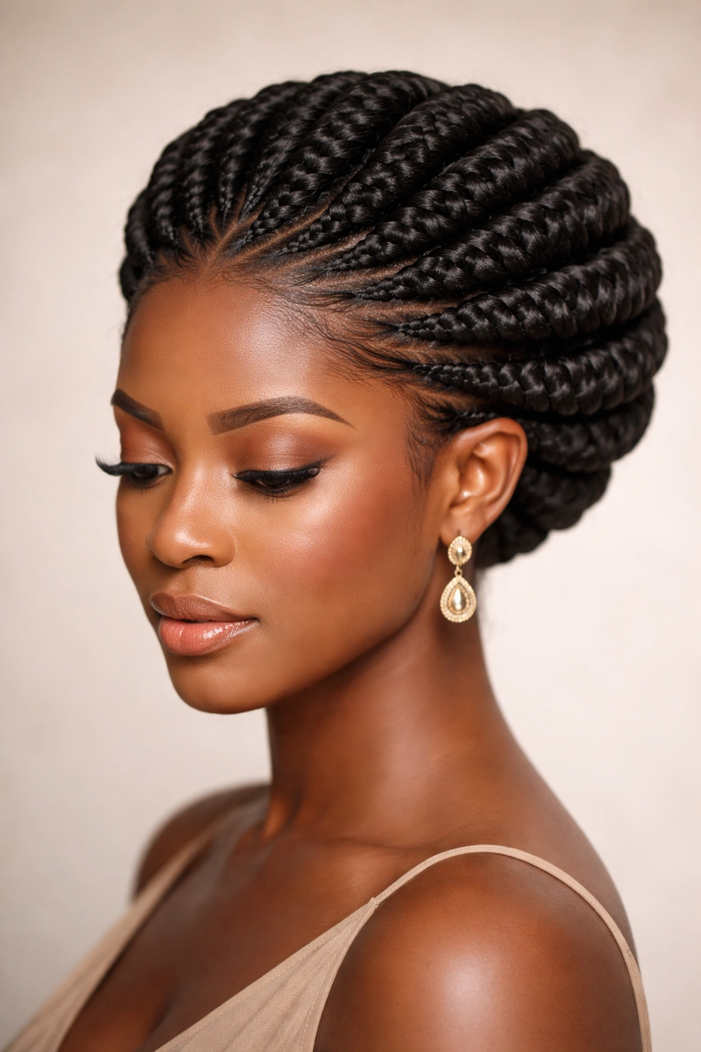Close-up of a high crown of thick Yoruba cornrows, no text