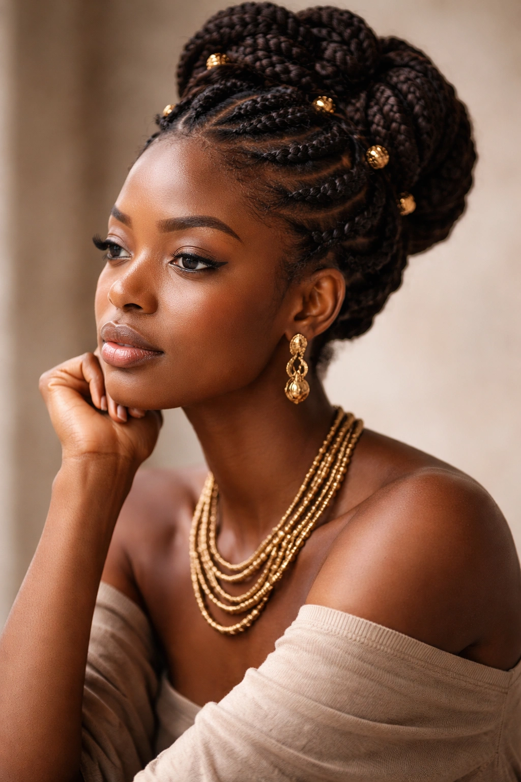 Contemplative portrait of a woman with dense 4C hair styled in Yoruba-inspired cornrows