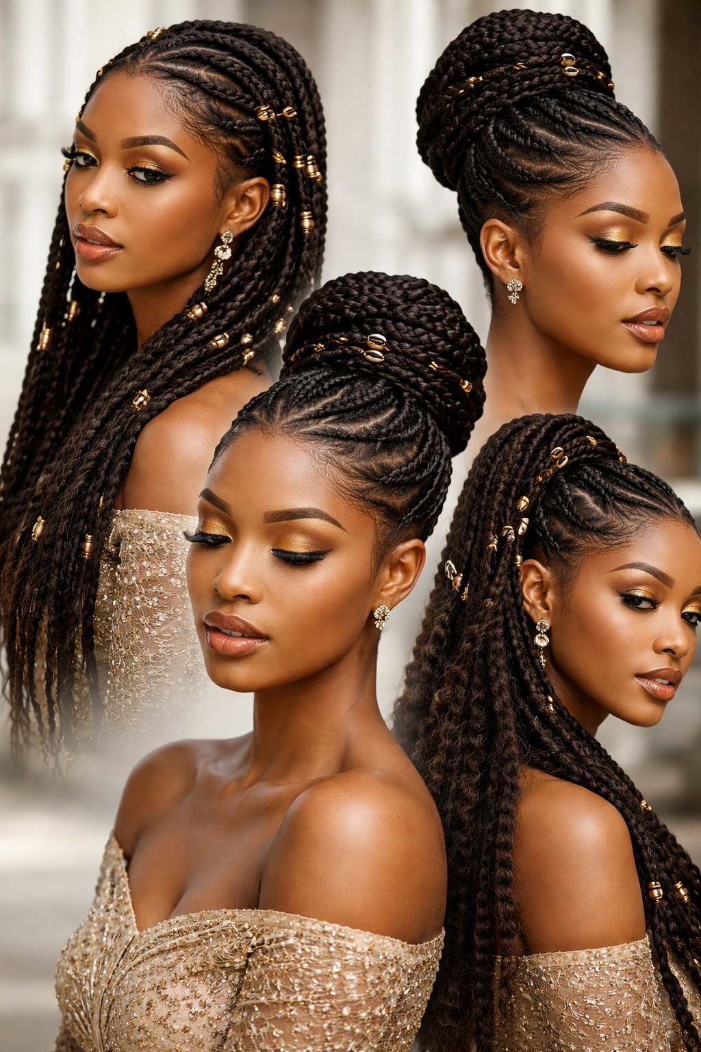 Head-and-shoulders portrait of Yoruba-inspired protective hairstyles on a neutral background.