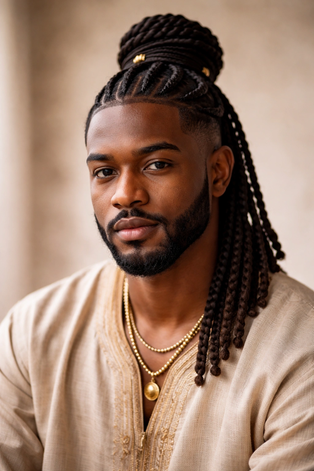 Studio portrait of a man with a modern Yoruba-inspired hairstyle, reflecting heritage.