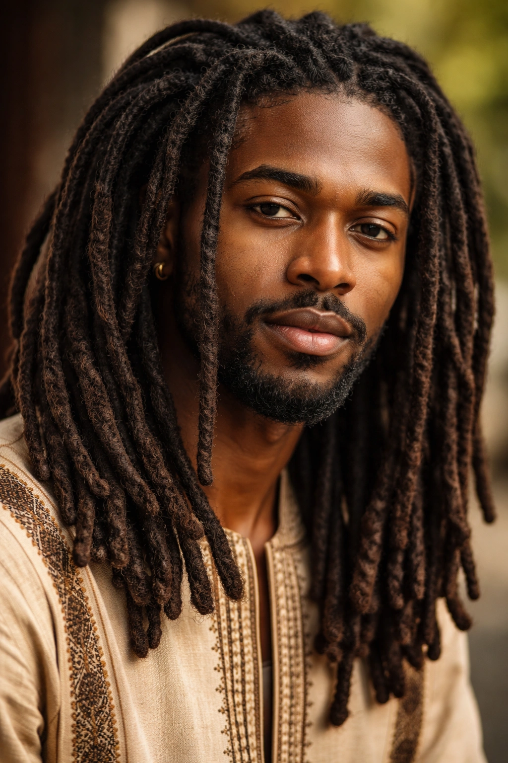 Thick dreadlocks cascading from the scalp in a natural arrangement
