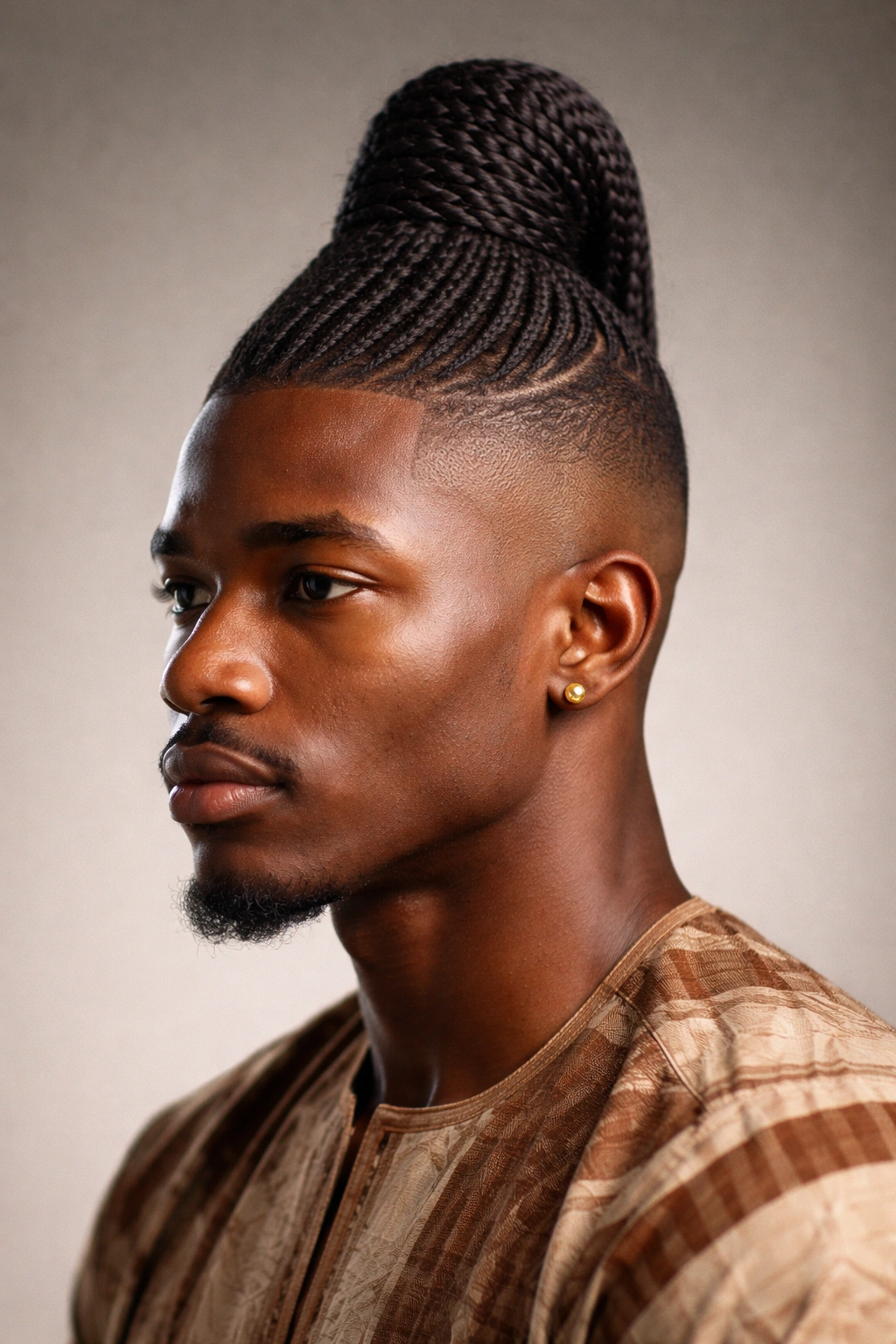 Close-up of a Shuku hairstyle with a tall crown and shaved sides, capturing sculptural height and contrast