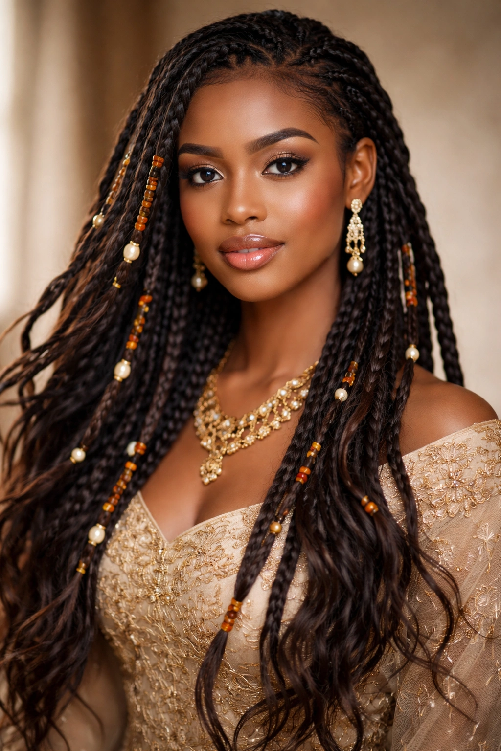 Zabiya hairstyle with flowing braids and beads