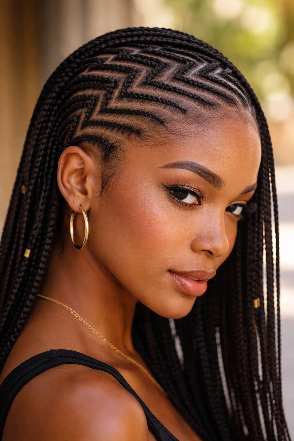 Close-up of zig-zag micro cornrows forming diagonal pattern across the scalp