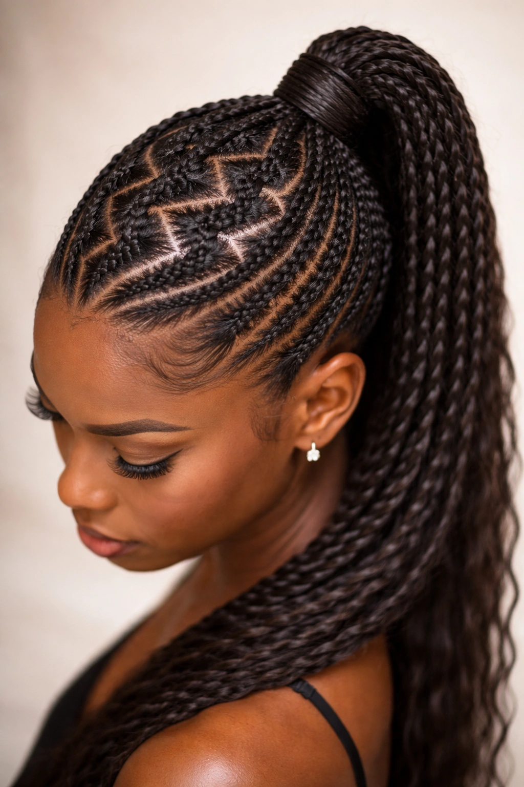 Zig-zag cornrow ponytail with geometric scalp braids