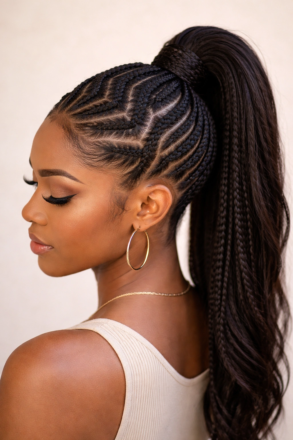 Zig-zag cornrows forming a ponytail with curved scalp lines