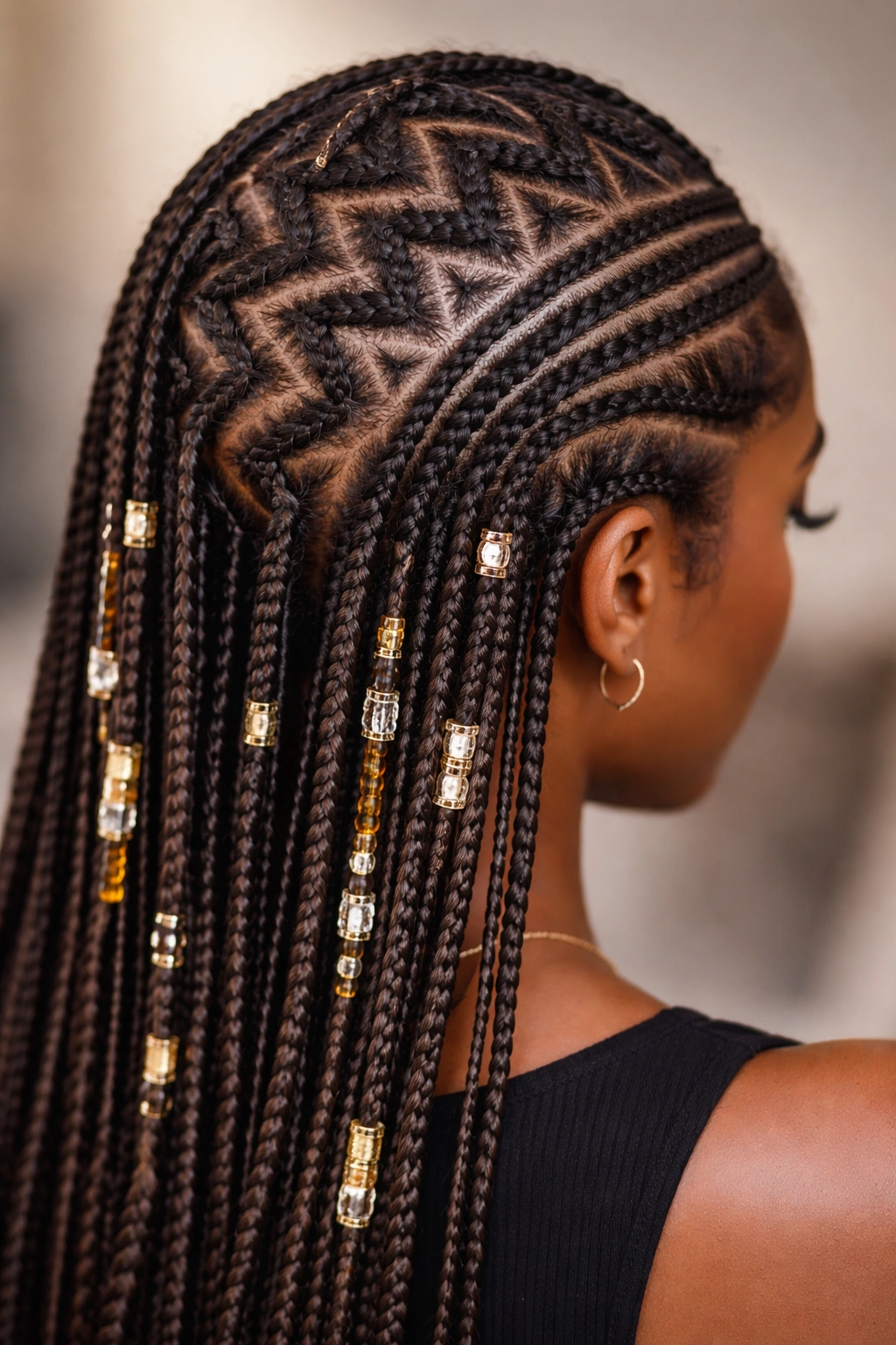 Zigzag cornrows with thin beaded braids along length