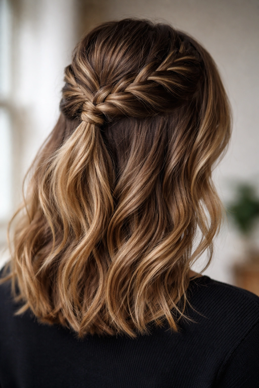 Close-up of zigzag braid half-up hairstyle across the back of the head