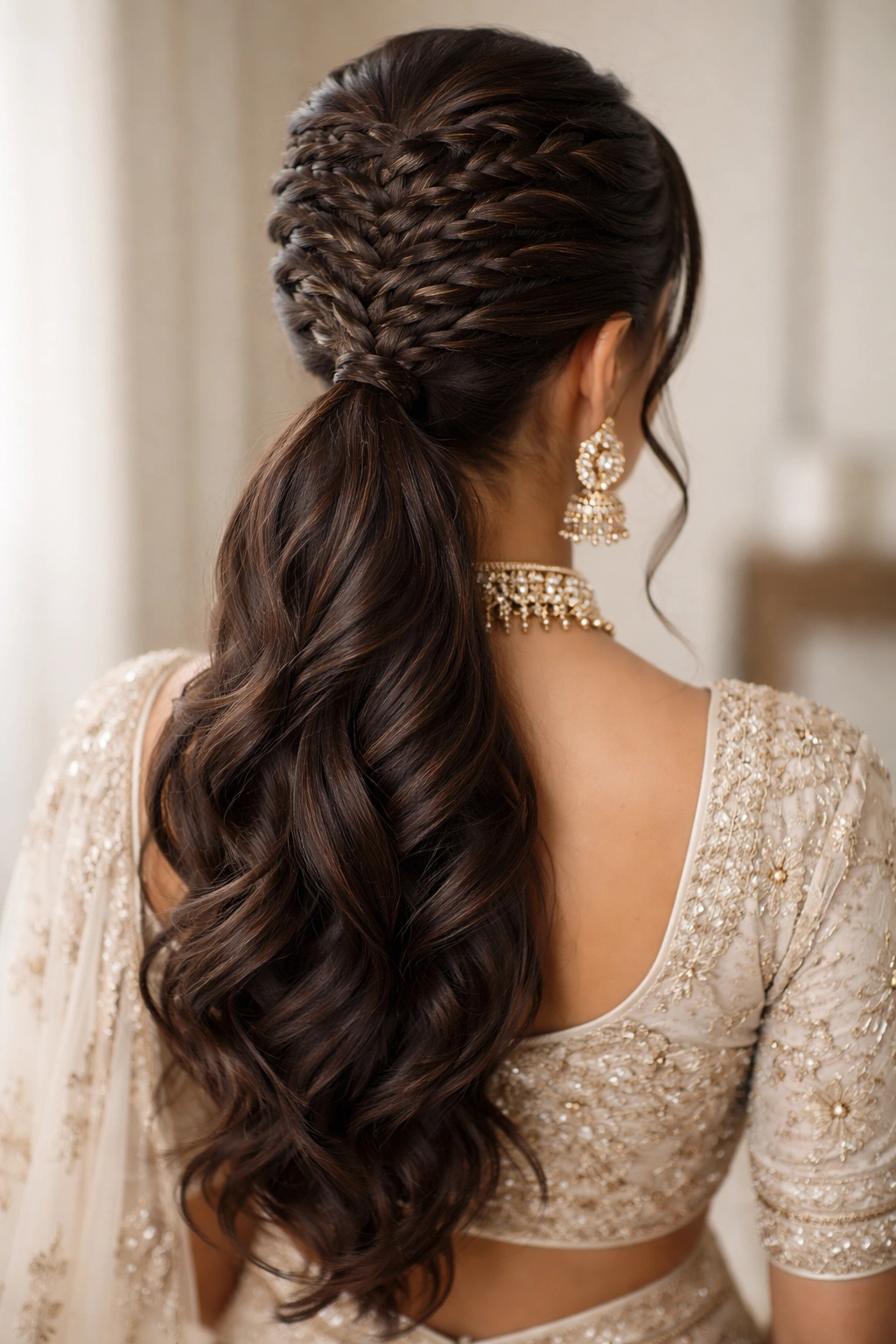 Zig-zag braided ponytail with layering on bridal head showing parallel braids converging into a voluminous ponytail