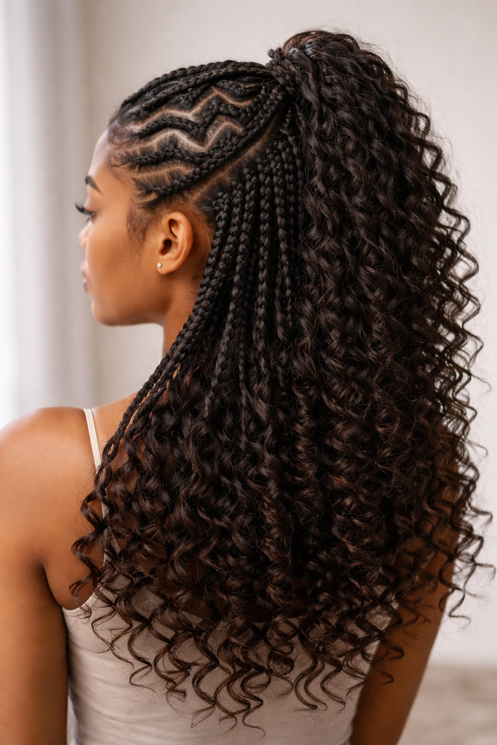 Half up braids arranged in a zig-zag pattern with curled ends