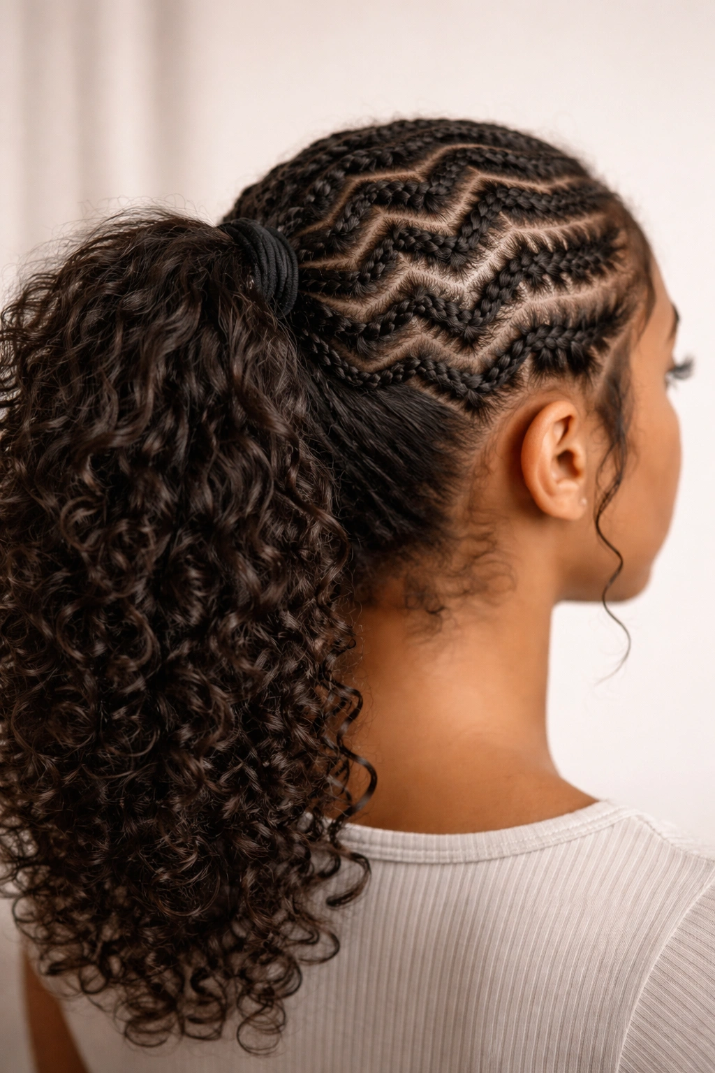Top-back view showing zigzag braids across the scalp leading to a mid-height ponytail.