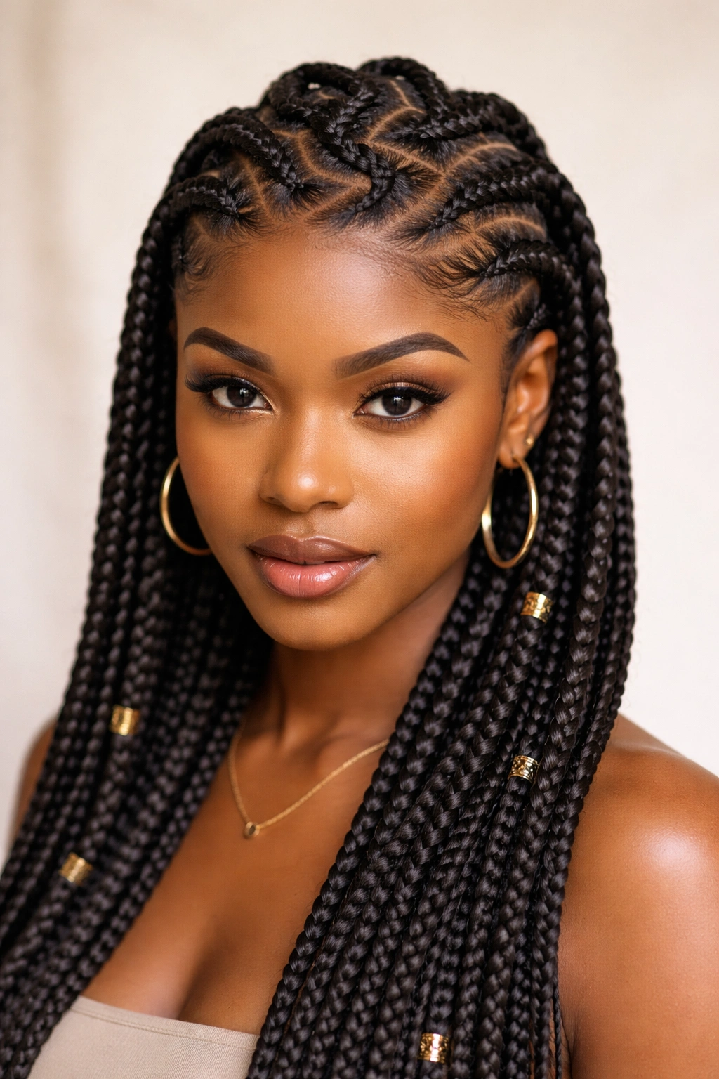 Close-up of sculptural braids with a zig-zag parting pattern.