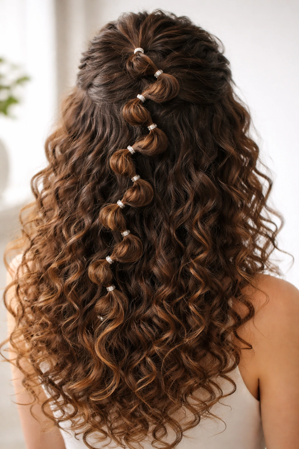 Zigzag bubble braid creating visual interest on curly hair