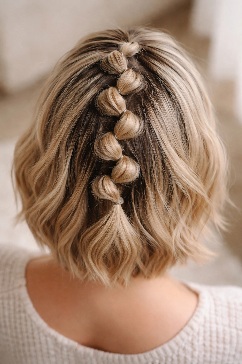 Overhead view of short hair with a zigzag bubble braid path across the crown, showing alternating directions