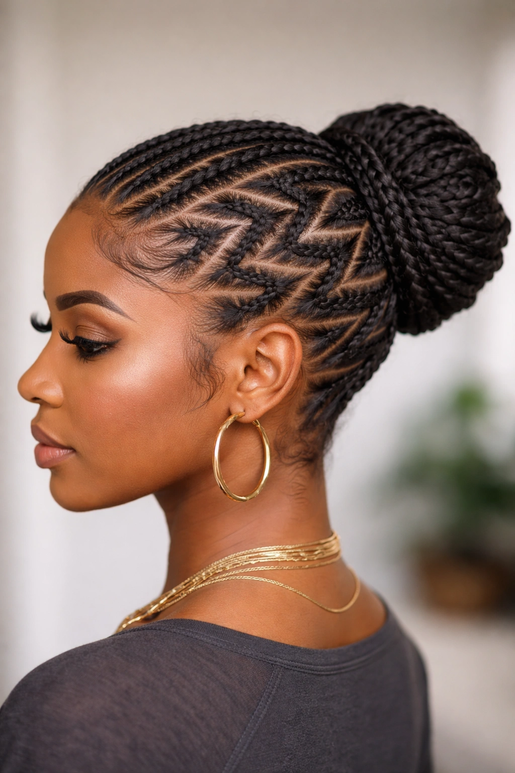 Zigzag cornrows converge into a side bun with chevron pattern.