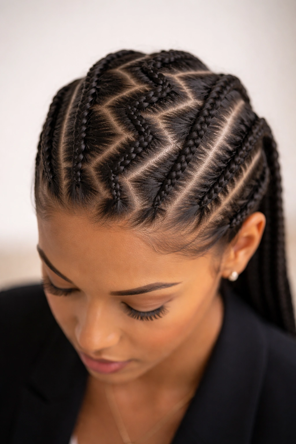 Zigzag cornrows across the scalp forming a geometric pattern